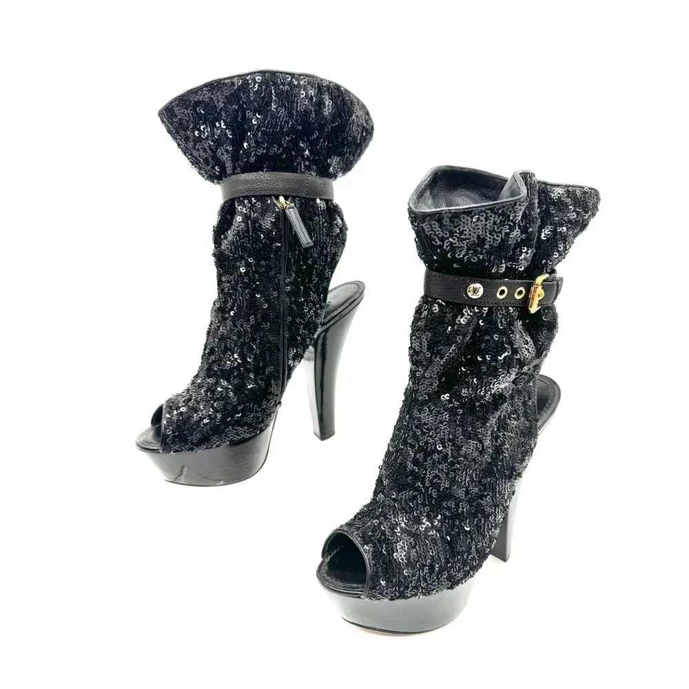 Louis Vuitton Black Sequin Leather Peep Toe Platform Boots 140mm EU 37